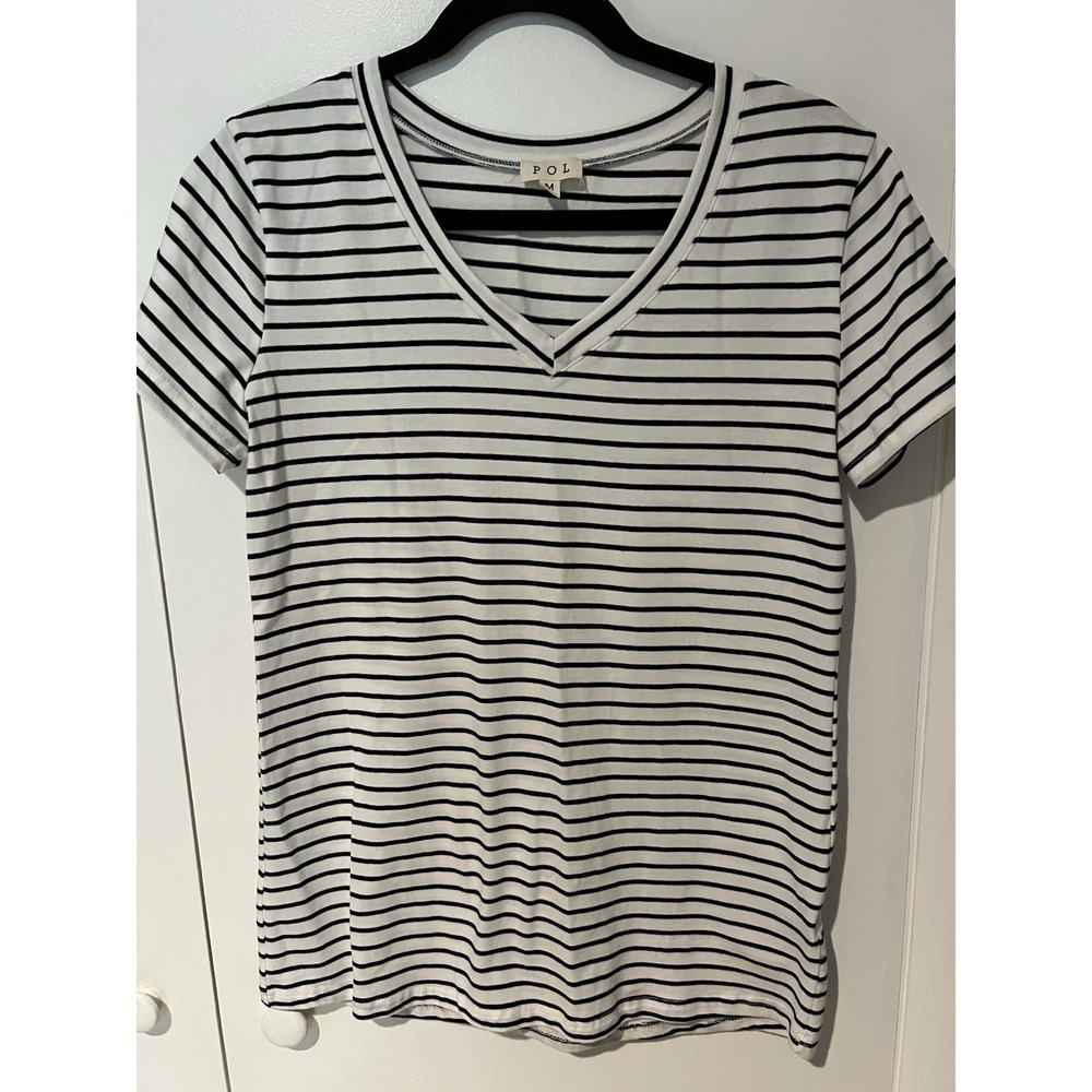Pol Short Sleeve Shirt Women Medium Black White Striped V Neck Casual Tee